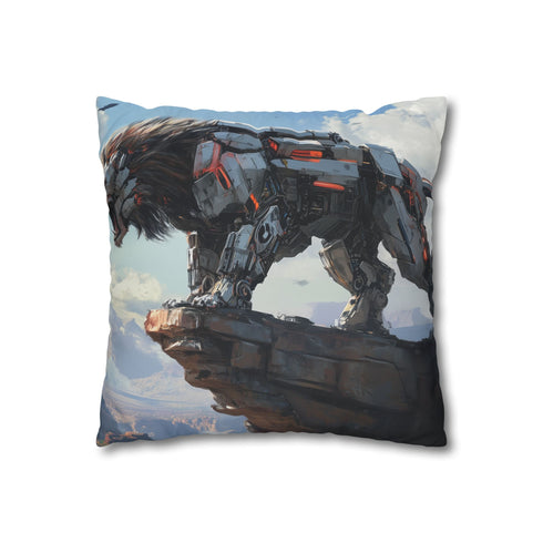 Mech Lion Roaring on a Digital Cliff — 40×40 Cushion Cover — Double-Sided Back & Concealed Zip Detail