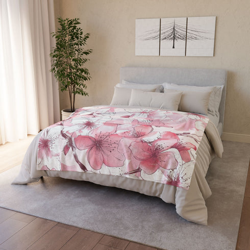 Pink & White Cherry Blossom Seamless Plush Fleece Throw Blanket - View 9 | Prints With Passion