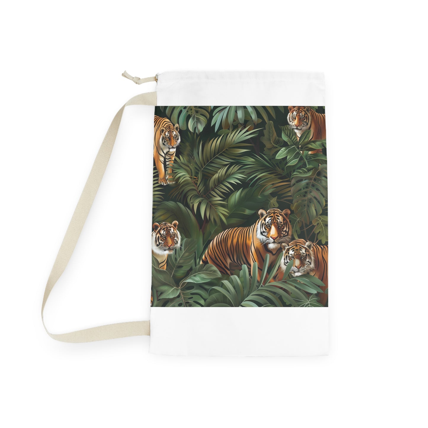 "Jungle Safari Tiger Laundry Bag - Wild jungle pattern with majestic tigers, adds adventure to laundry routine"