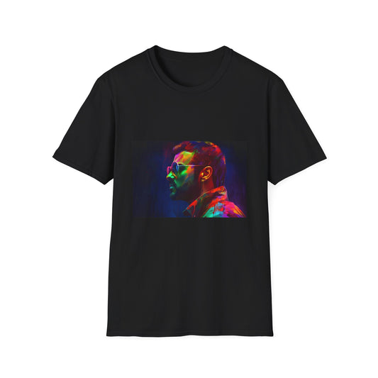 Musical Icon in Neon Radiance | T-Shirt | 80s Inspired, Colorful Graphic, Fun and Flirty, George Michael T Shirt, Music Fan Merchandise, Neon Colors, Pop Star Fashion, Retro Style, Vibrant Tee, Watercolor Print | Prints with Passion