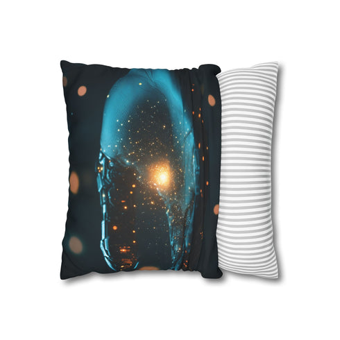 Cybernetic Hand Holding Tiny Galaxy (Edition II) — 40×40 Cushion Cover — Sofa & Living Room Lifestyle View