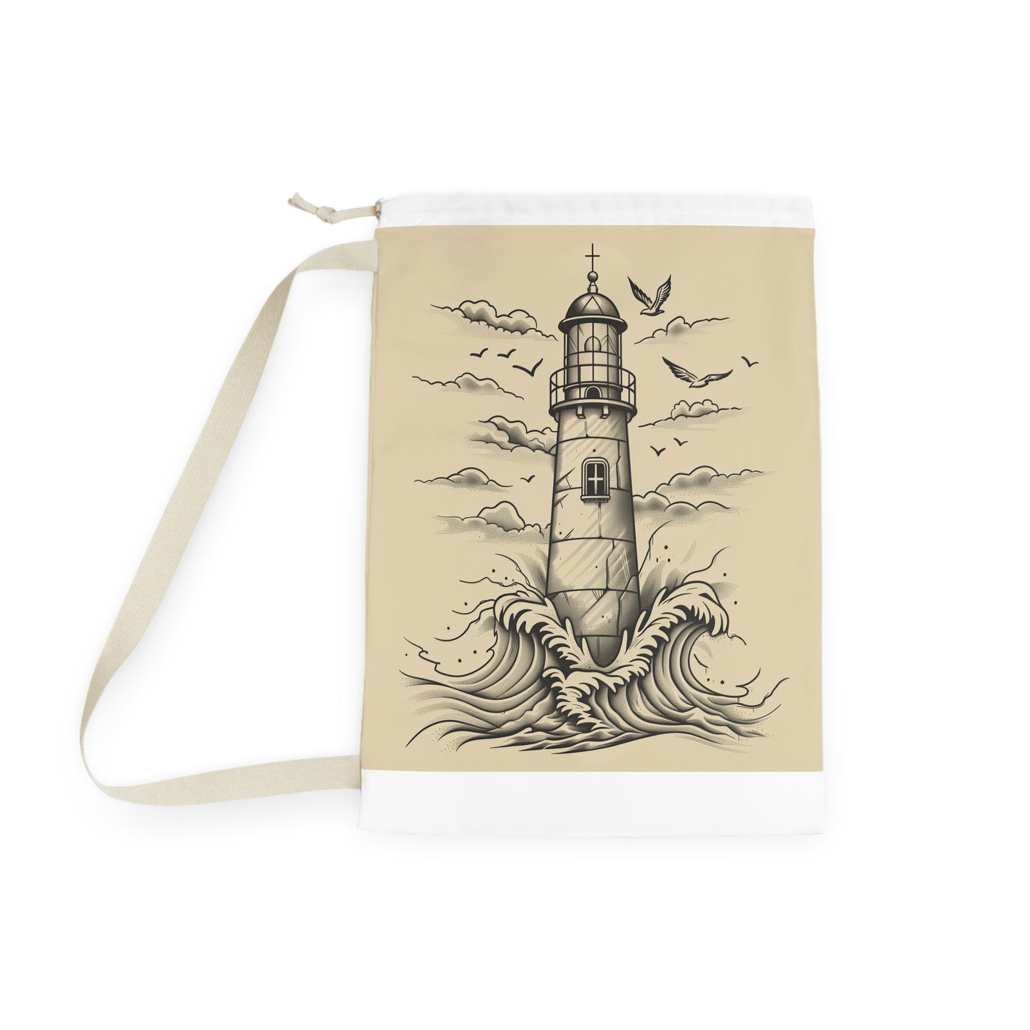 "Nautical-inspired light-up lighthouse and waves laundry bag for coastal charm"