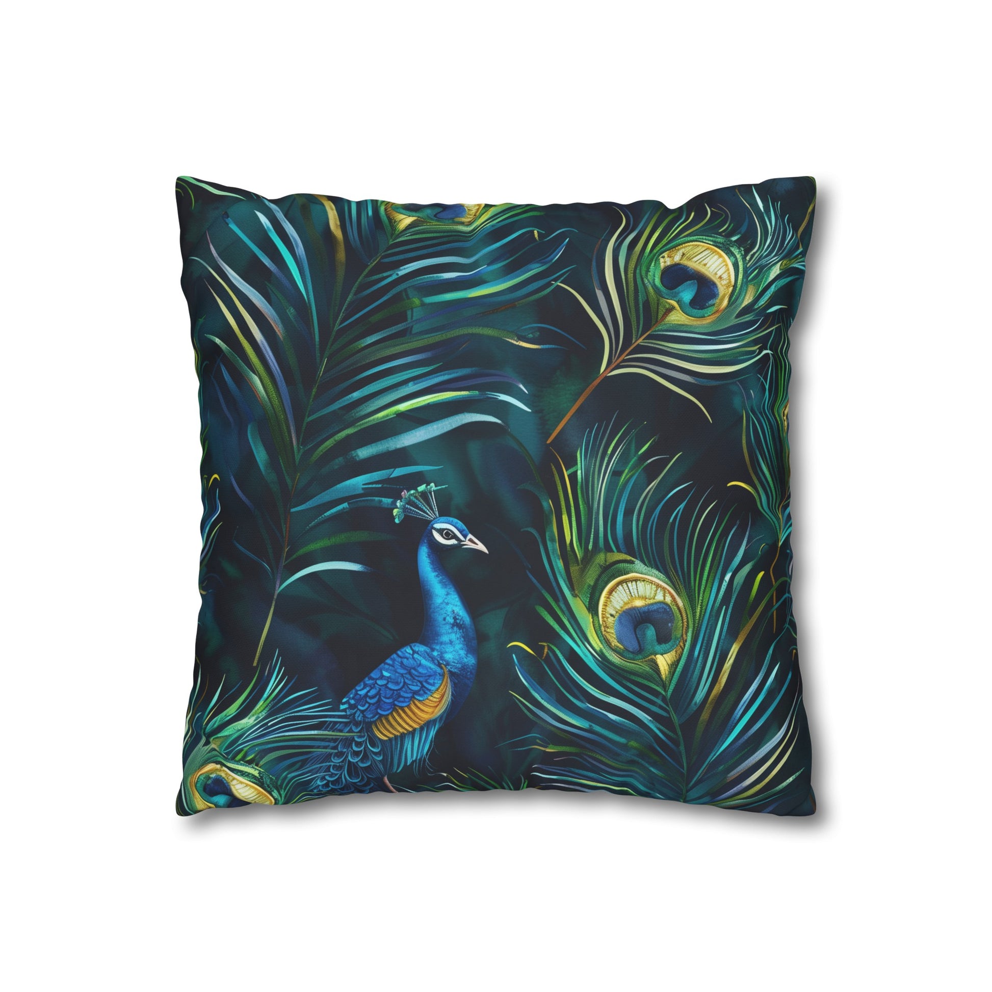 "Vibrant blue peacock feather pillowcase, luxurious and elegant bedroom decor"