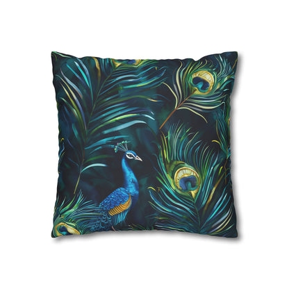 "Vibrant blue peacock feather pillowcase, luxurious and elegant bedroom decor"