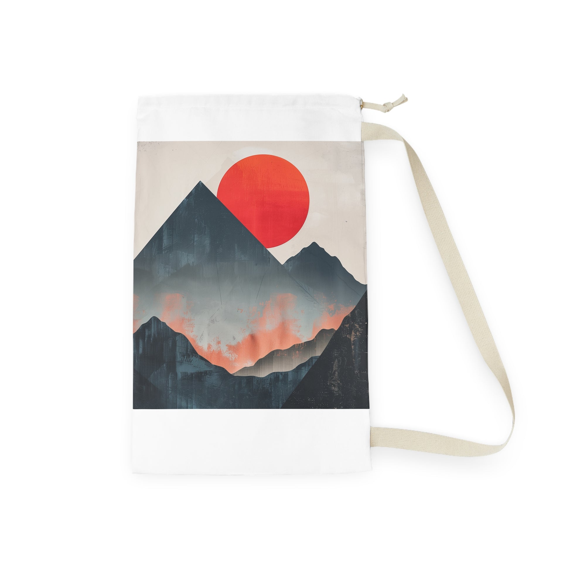 "Sunrise Mountain Laundry Bag featuring minimalist mountain range design for organized laundry routine"