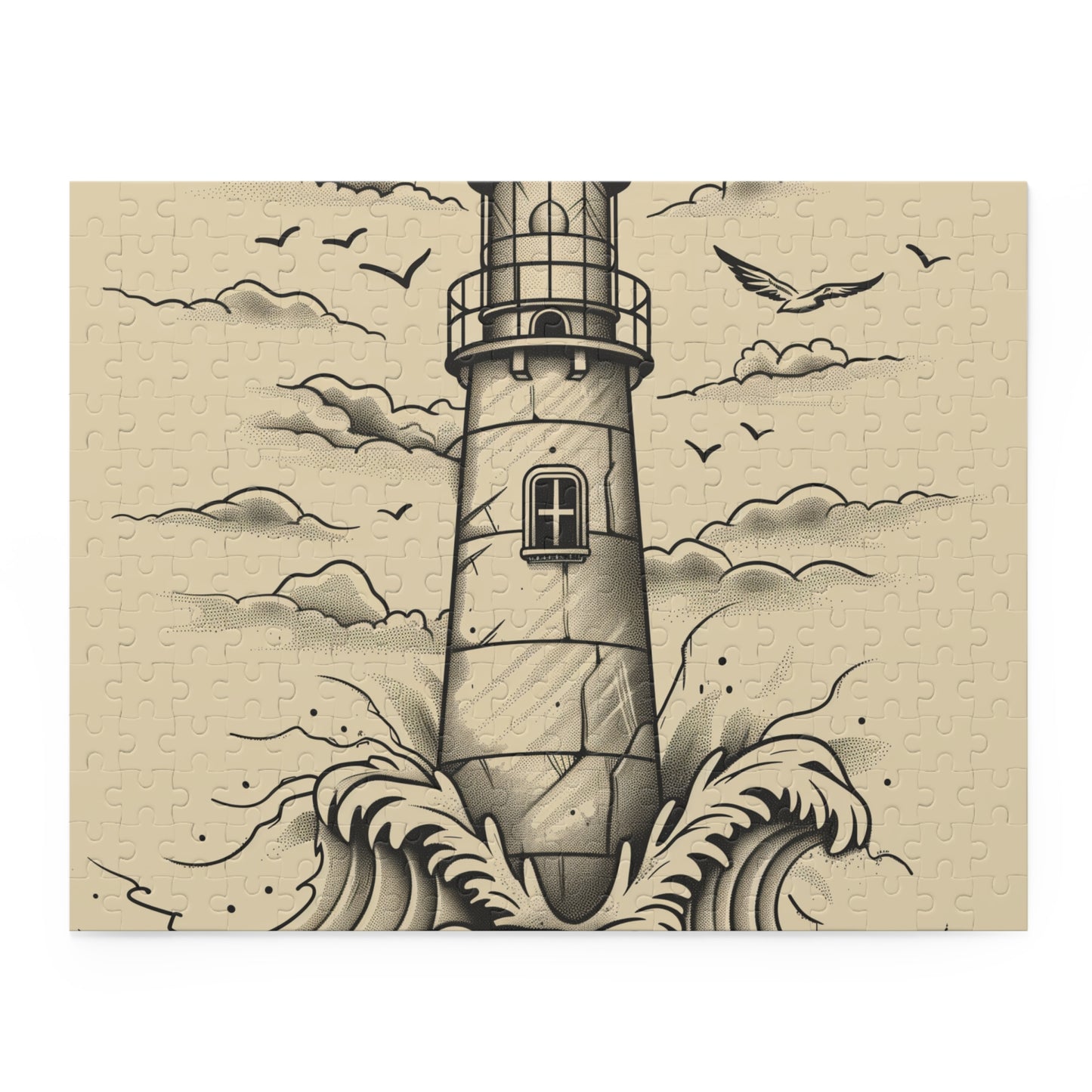 "Coastal lighthouse and waves jigsaw puzzle with intricate hand-drawn details"