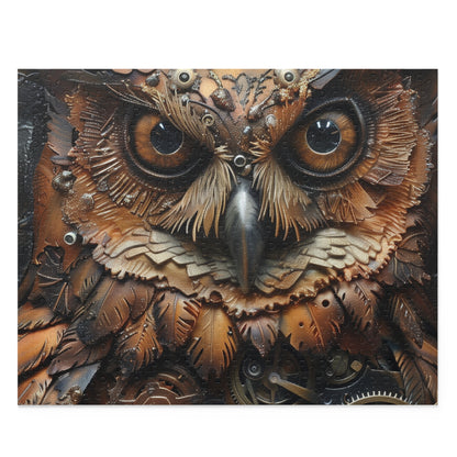 "Steampunk owl jigsaw puzzle with intricate gears and cogs"