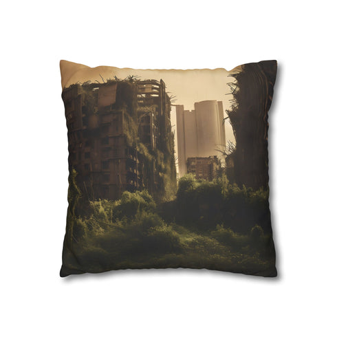 Ruined City Twisted Skyscrapers Eerie Glow — 40×40 Cushion Cover — Double-Sided Back & Concealed Zip Detail