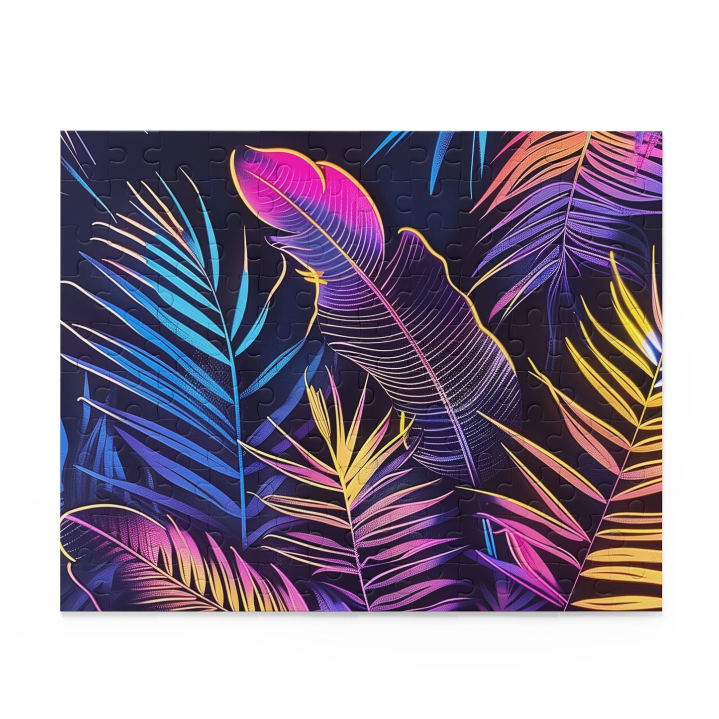 Neon Tropical Paradise Jigsaw Puzzle - Vibrant jungle oasis with neon leaves and palm trees, perfect for a colorful escape.