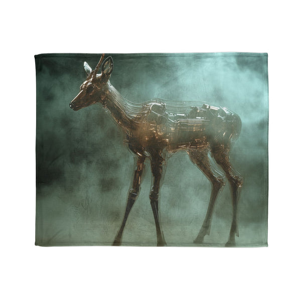 Cybernetic Deer Walking Through Vapor — Plush Fleece Throw Blanket — Draped Over Sofa & Bed Lifestyle View