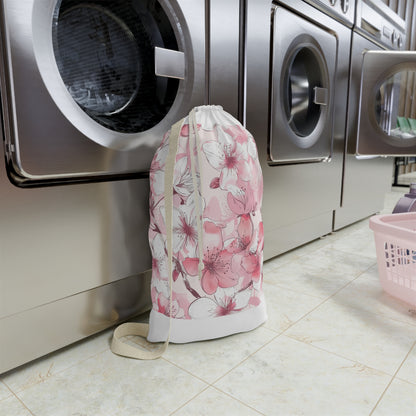 "Cherry Blossom Laundry Bag - Elegant pink and white seamless pattern for organized laundry storage"