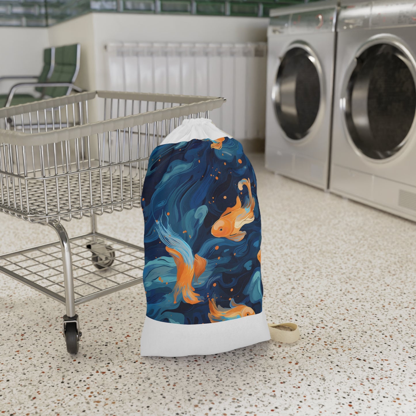 "Whimsical Goldfish Swim Laundry Bag - Orange koi swimming design on pillowcase"