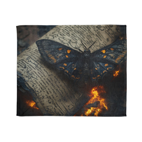 Lava Moth Resting on Burning Scroll — Plush Fleece Throw Blanket — Draped Over Sofa & Bed Lifestyle View