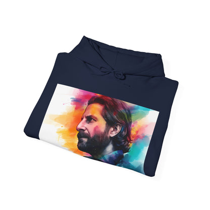 Alt text: A Star is Born Watercolor Hoodie featuring a vibrant neon watercolor portrait of Jack from the movie. High-quality material, versatile and stylish, perfect for all seasons, and makes a great gift. Shop now at BenCPrints for this captivating hoodie!