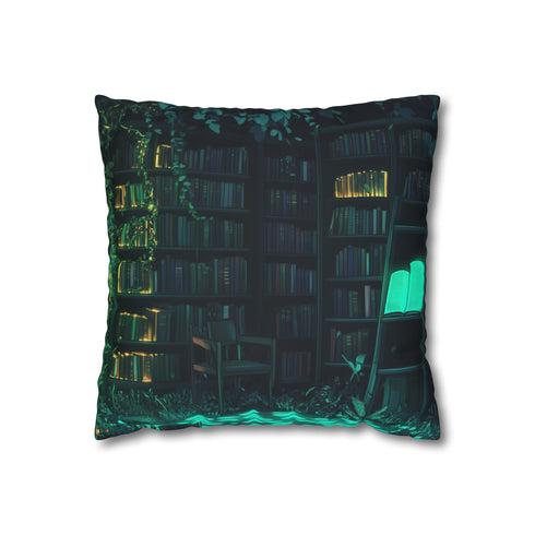 Overgrown Library with Glowing Books (Edition II) — 40×40 Cushion Cover — Front 40×40 cm Square Cushion View