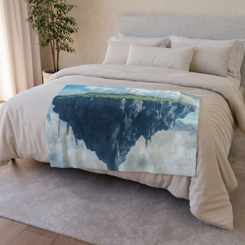 Floating Sky Island Chained to Mountain (Edition II) — Plush Fleece Throw Blanket — Draped Over Sofa & Bed Lifestyle View