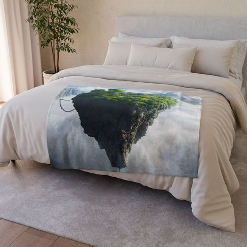 Floating Sky Island Chained to Mountain (Edition III) — Plush Fleece Throw Blanket — Draped Over Sofa & Bed Lifestyle View