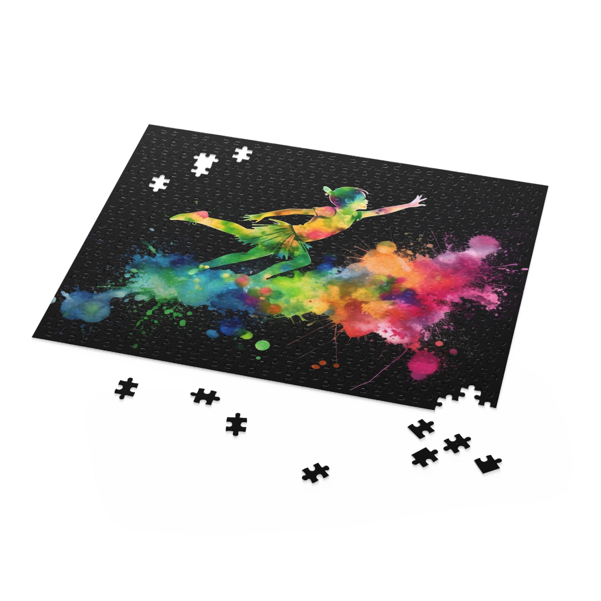 "Peter Pan Watercolor Neon Puzzle - Dive into the magic with vibrant colors and beloved characters"