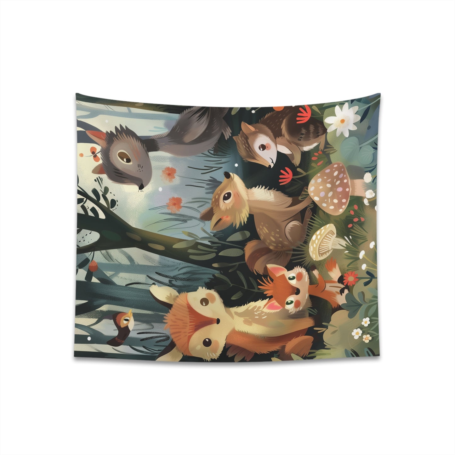 Captivating woodland tapestry with adorable creatures, lush greenery, and towering trees - perfect for nature lovers.