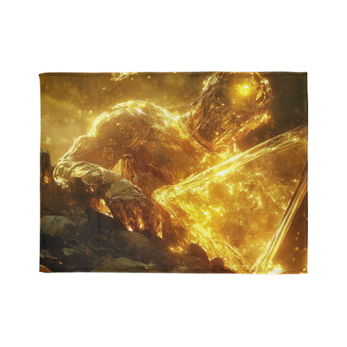 Golem of Glass & Gold Rising from Earth — Plush Fleece Throw Blanket — 300 GSM Plush Coral Fleece Texture Close-Up
