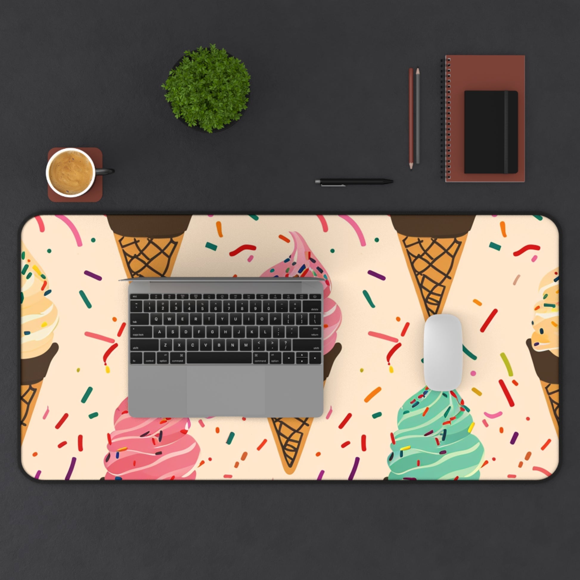 "Sprinkle Cone Desk Mat - Colorful ice cream cone pattern, perfect for ice cream lovers"