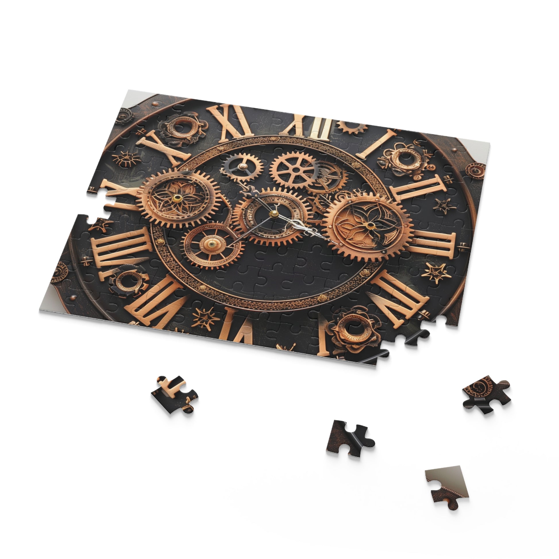 "Steampunk gear clock jigsaw puzzle with detailed gears and cogs for immersive challenge"