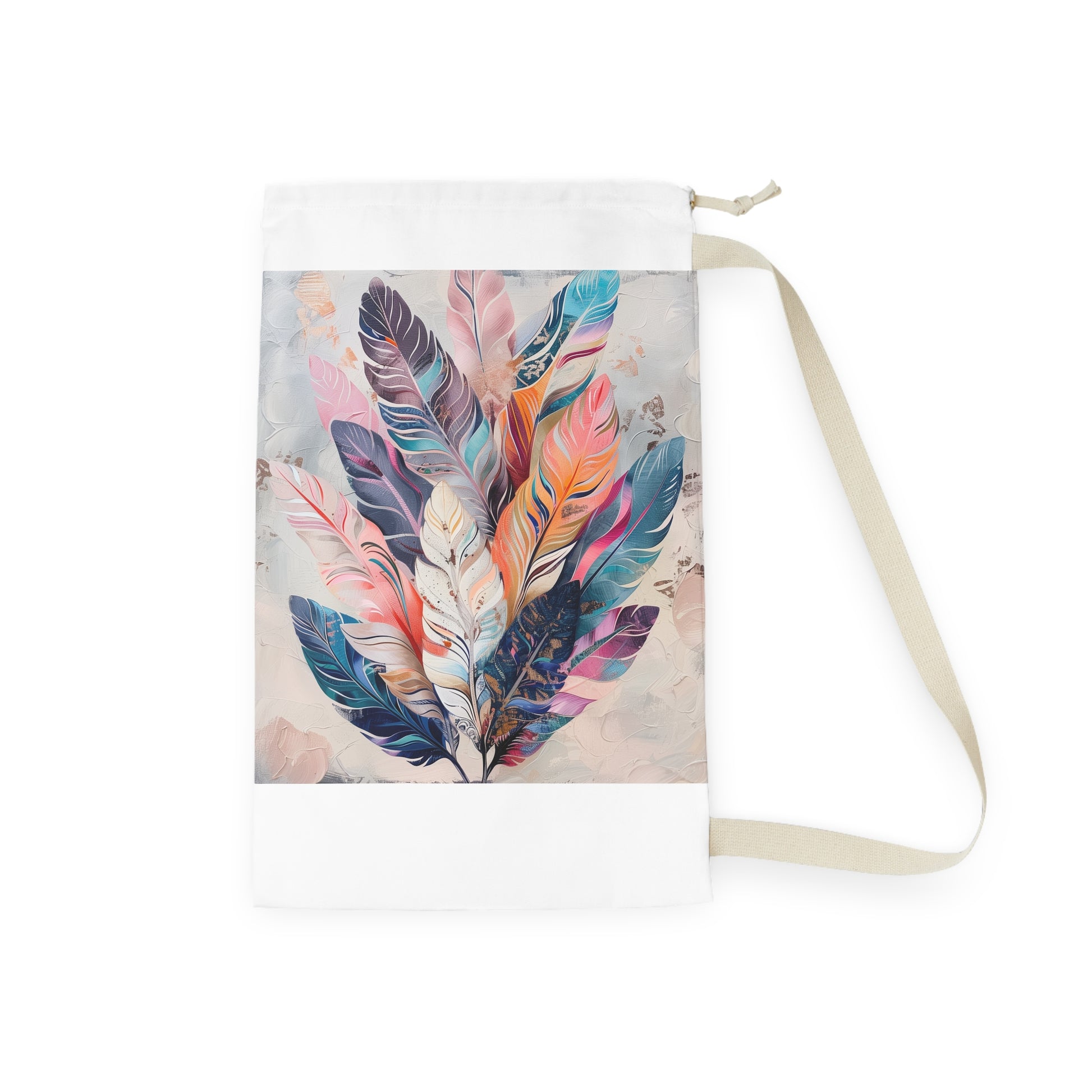 "Boho Feather Laundry Bag - Add charm to your laundry room with this stylish and whimsical design"