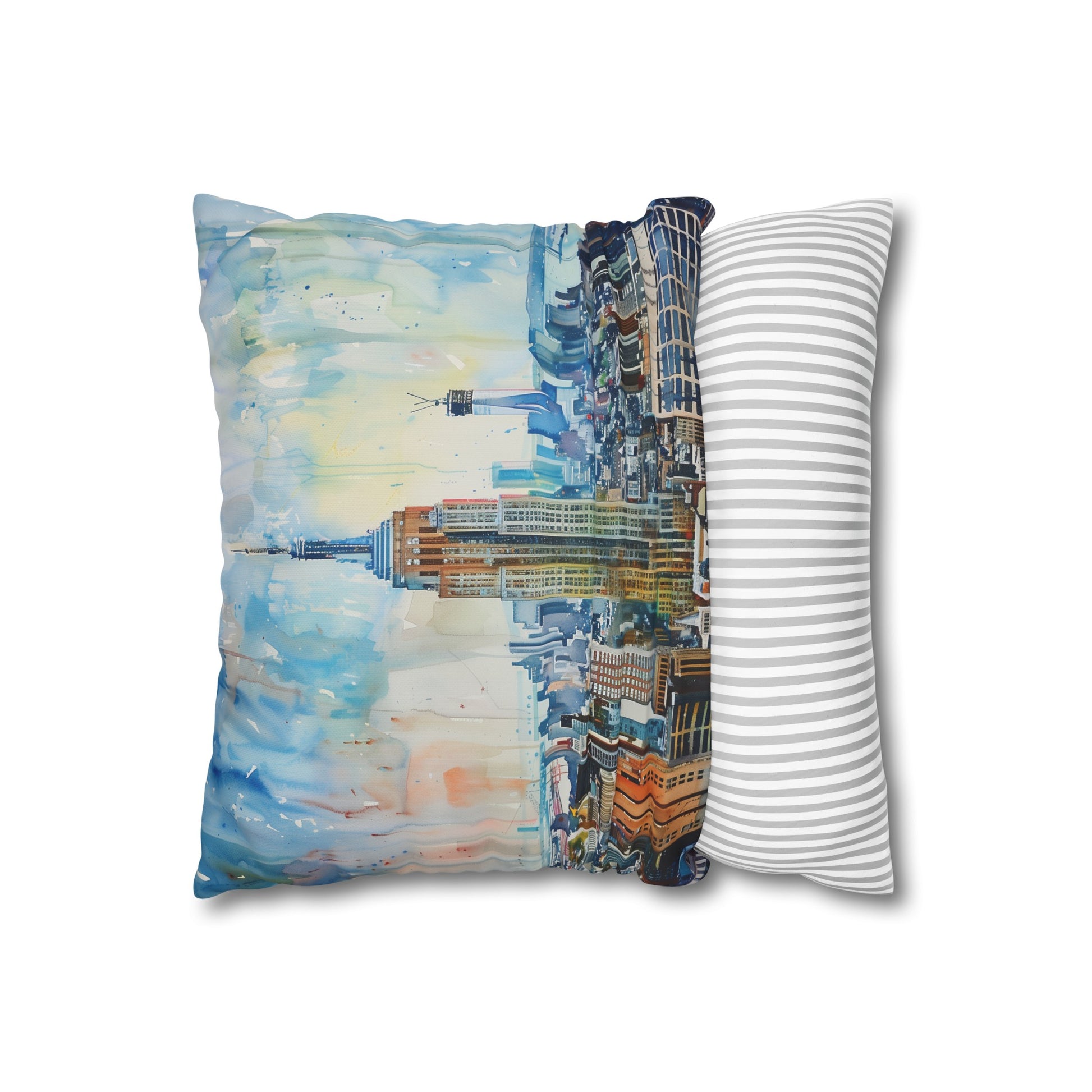 "NYC Icon Watercolor Pillowcase - Unique Empire State Building design in soft hues, perfect for a stylish and comfortable bedroom. Great gift idea!"