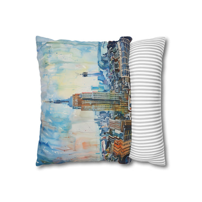 "NYC Icon Watercolor Pillowcase - Unique Empire State Building design in soft hues, perfect for a stylish and comfortable bedroom. Great gift idea!"