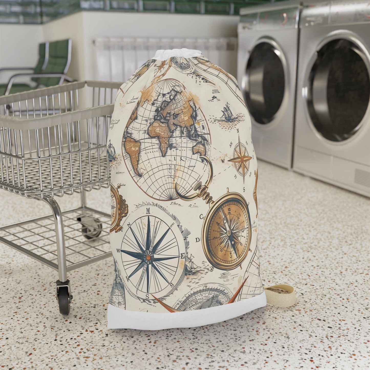 Vintage Maps Laundry Bag with seamless pattern, perfect for stylishly carrying laundry.