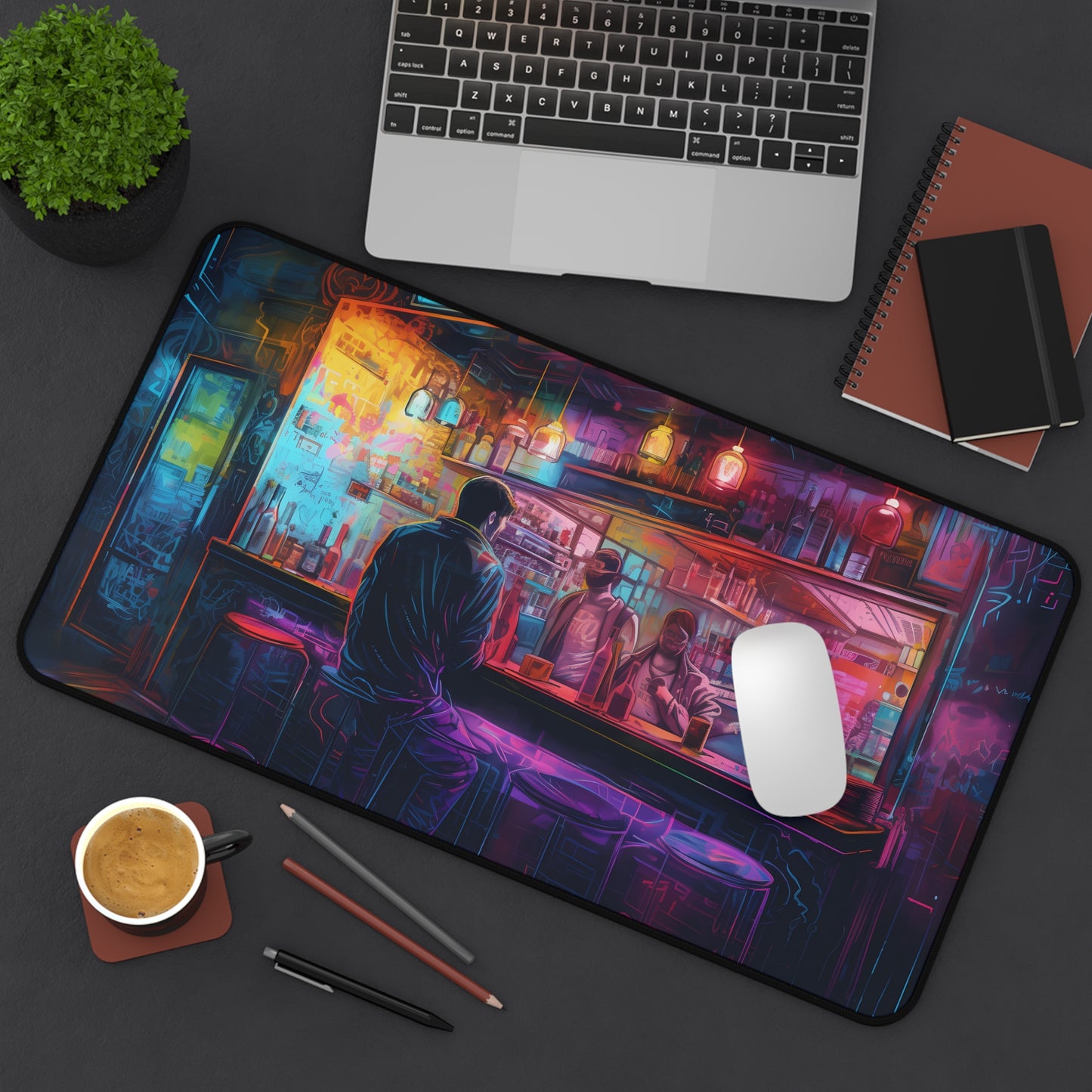 "Colorful neon watercolor desk mat - protect desk from scratches and spills"