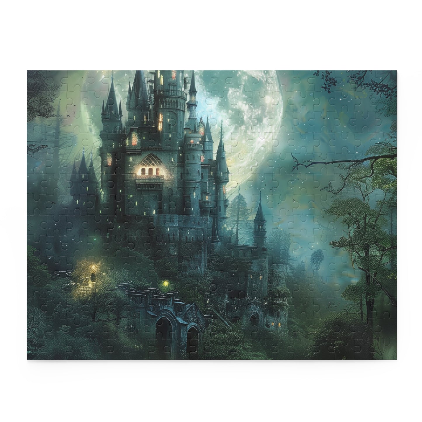 "Enchanting Moonlit Forest Castle Jigsaw - Escape into a magical realm with this fantasy puzzle"