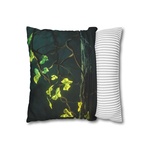 Glowing Vines Growing Through Broken Tech (Edition II) — 40×40 Cushion Cover — Soft Brushed Fabric Texture Close-Up
