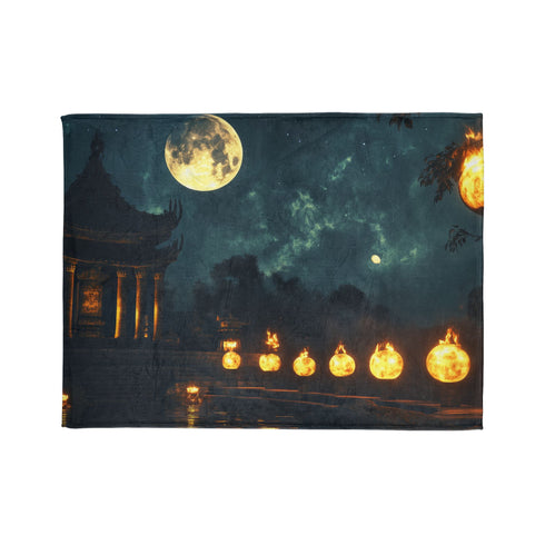 Moonlight Temple with Levitating Torches — Plush Fleece Throw Blanket — 300 GSM Plush Coral Fleece Texture Close-Up