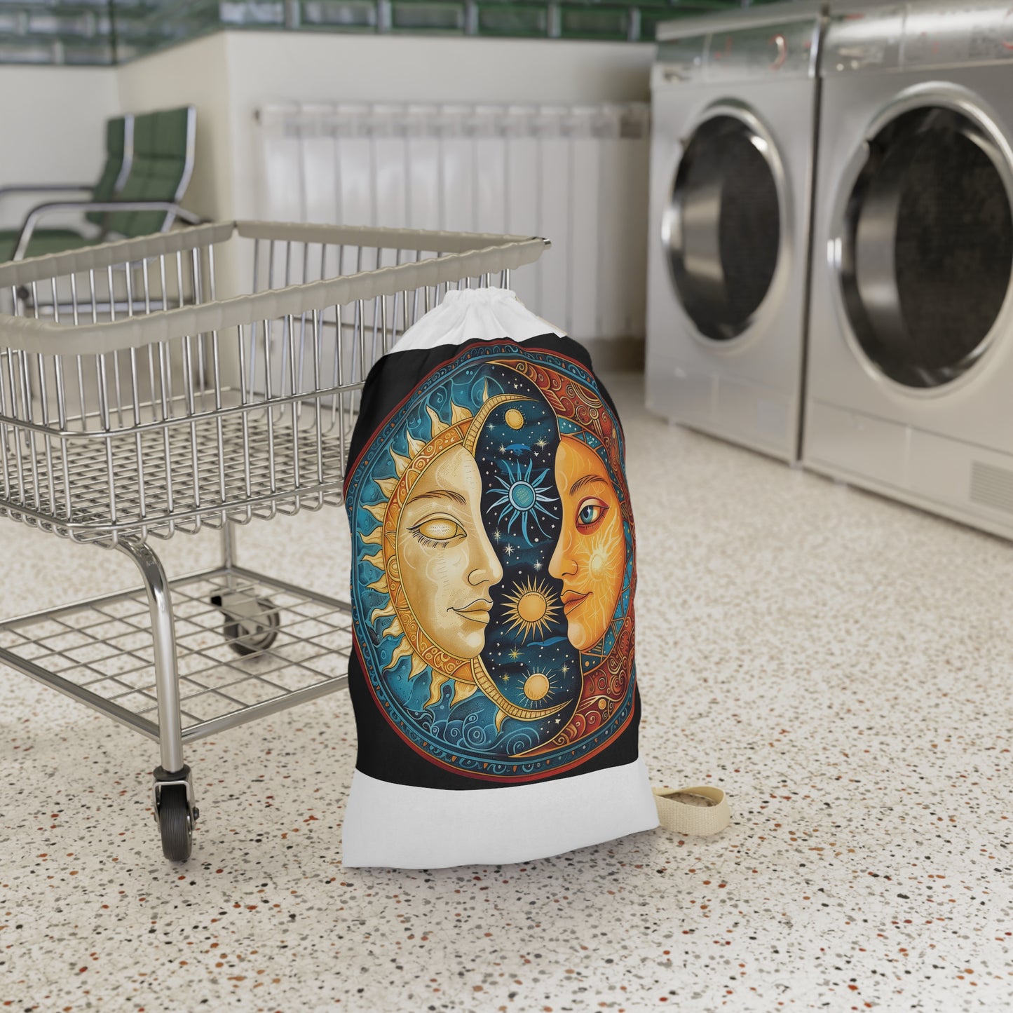 "Stylish Mandala Sun & Moon Laundry Bag for transporting or storing laundry"