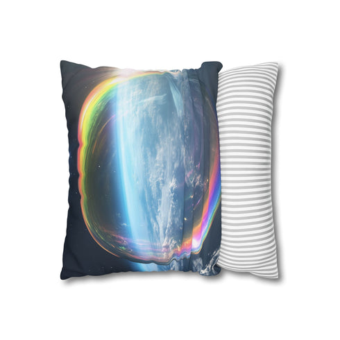 Surreal Dream Bubble Drifting Over Earth — 40×40 Cushion Cover — Soft Brushed Fabric Texture Close-Up