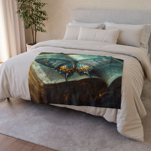 Celestial Moth Hovering Over Ancient Tomb (Edition II) — Plush Fleece Throw Blanket — Draped Over Sofa & Bed Lifestyle View