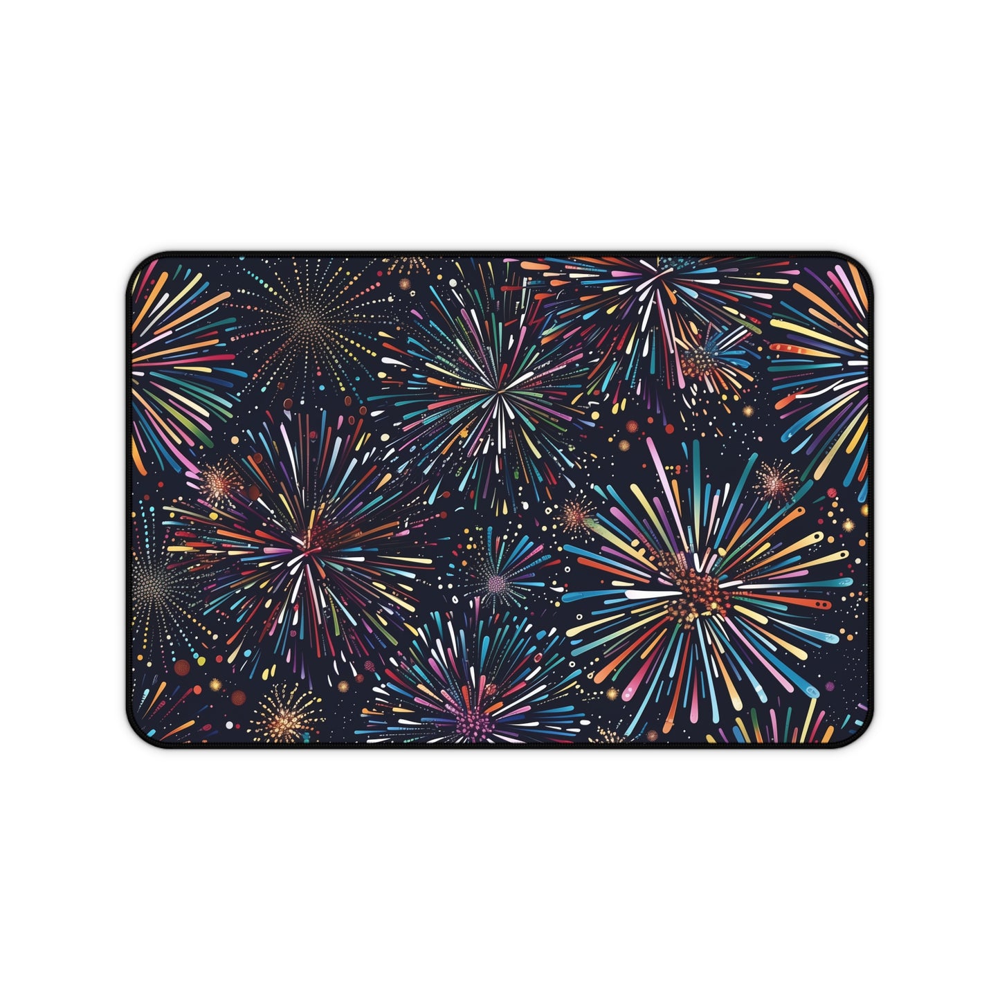 "Colorful Fireworks Festive Desk Mat - Energize your workspace with vibrant seamless pattern design"