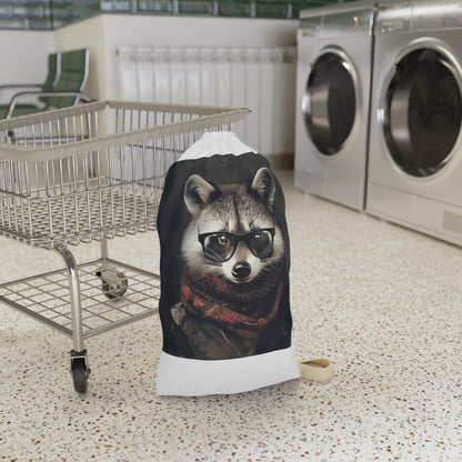 "Cute raccoon hipster laundry bag with trendy design, perfect for stylishly containing your laundry"