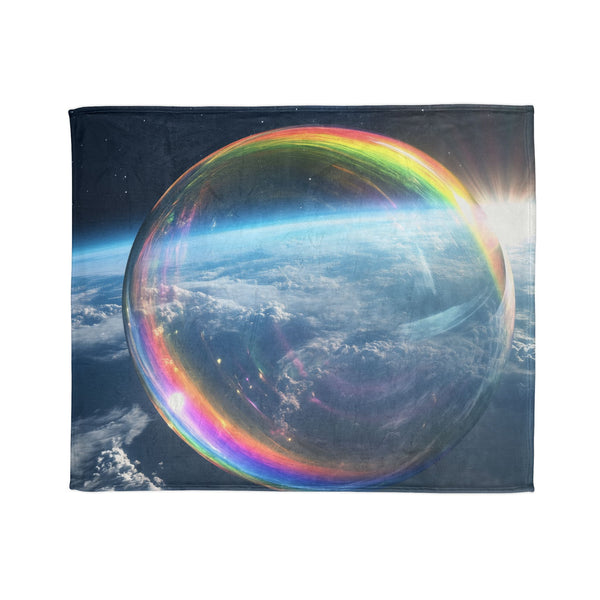 Surreal Dream Bubble Drifting Over Earth — Plush Fleece Throw Blanket — Draped Over Sofa & Bed Lifestyle View