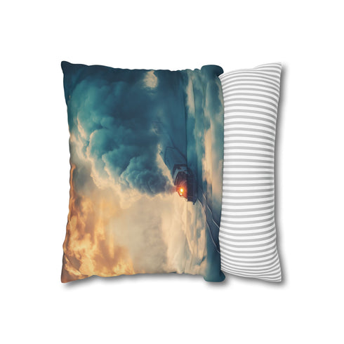 Train Riding Rails Through the Clouds (Edition II) — 40×40 Cushion Cover — Sofa & Living Room Lifestyle View