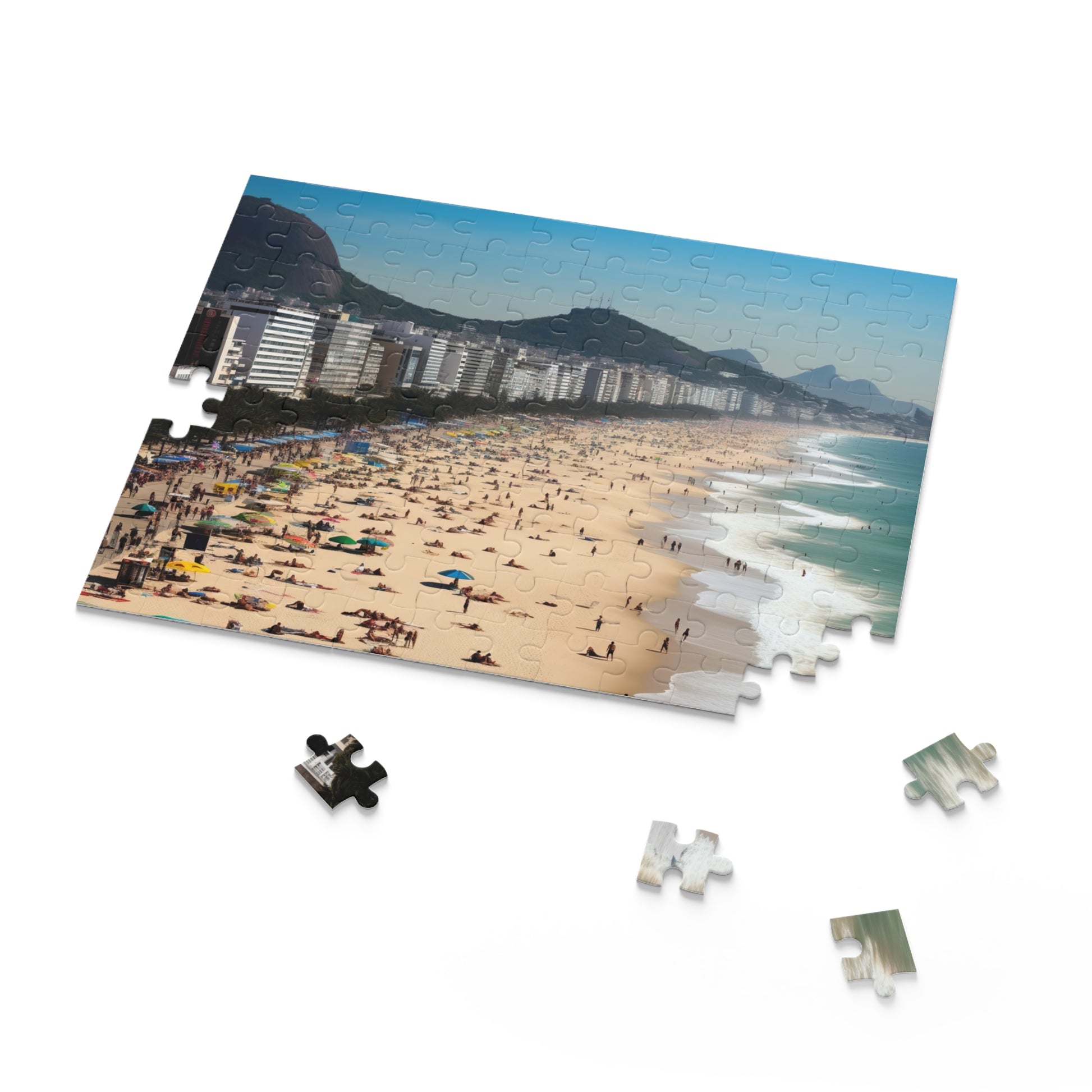 "Rio Beach Jigsaw Puzzle - Piece together paradise with vibrant palm trees and crystal clear waters"