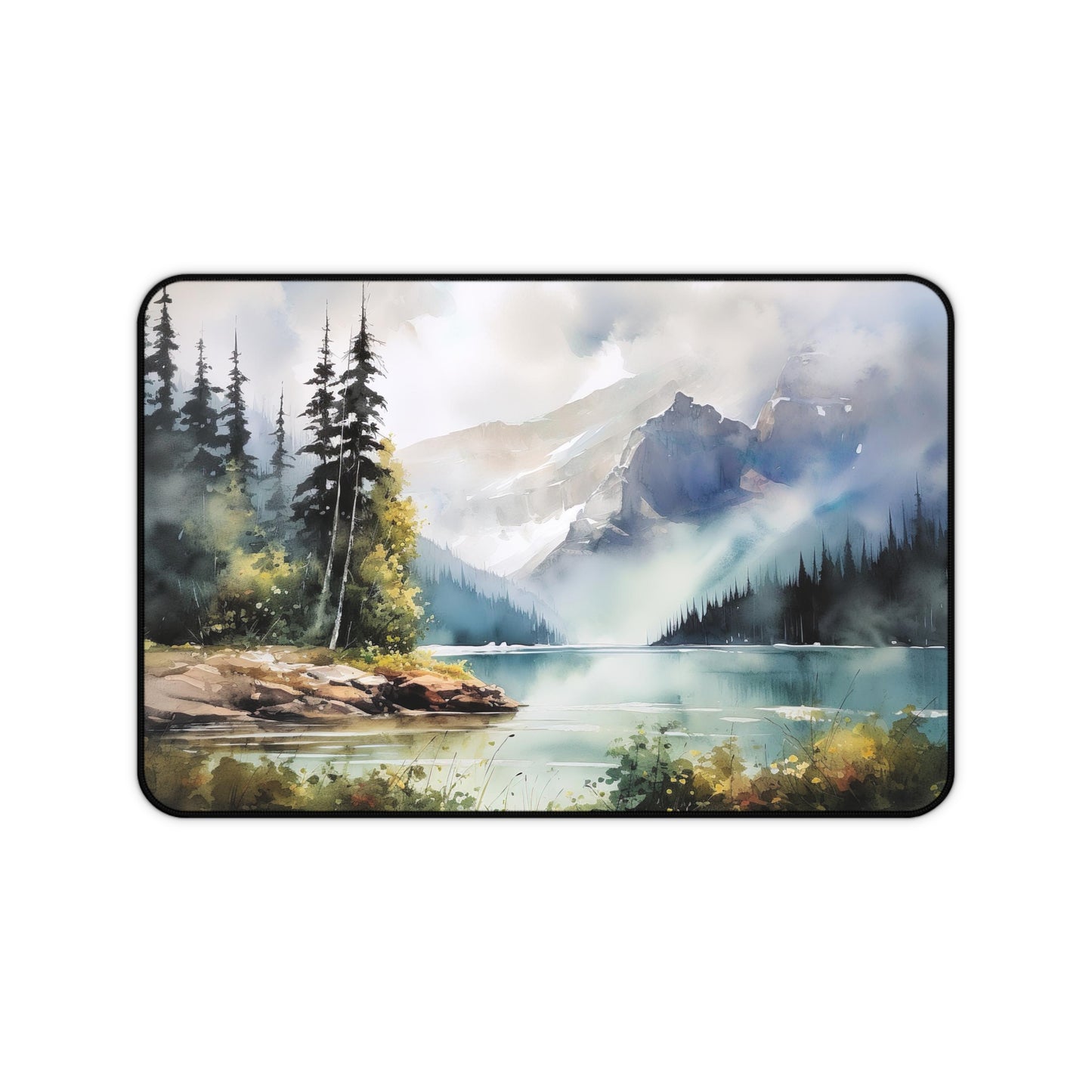 "Serene wilderness lake desk mat for a nature-inspired workspace boost"