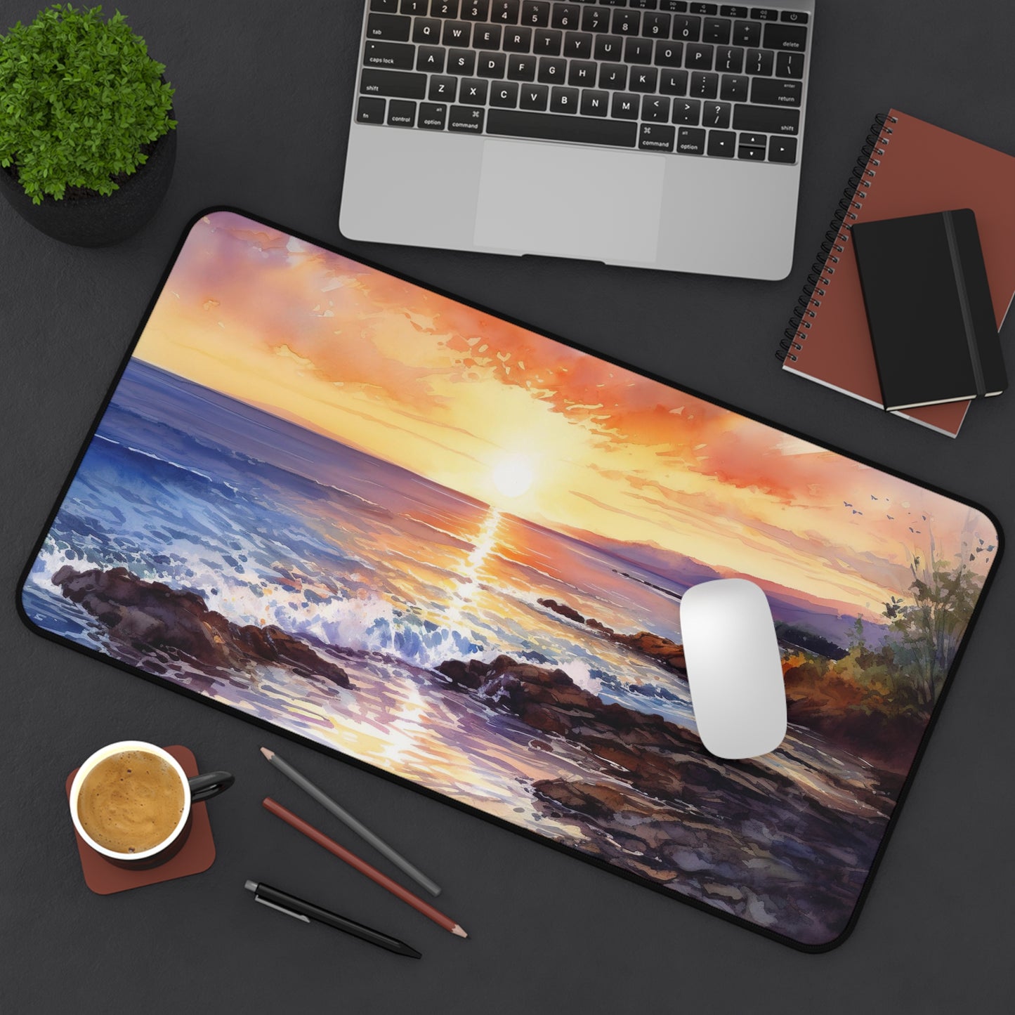 "Ocean Sunrise Desk Mat: Bring seaside paradise to your desk with serene sunrise over a tranquil beach, stay inspired at work"