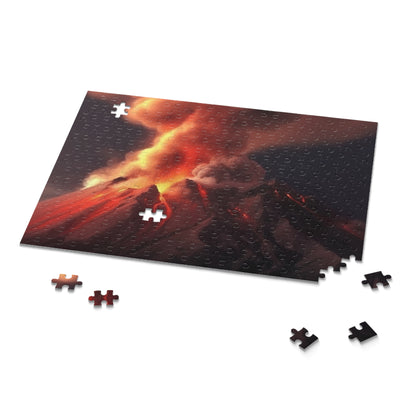 "Fiery Volcano Jigsaw Puzzle - Mesmerizing nature scene with erupting volcano and vibrant sunset backdrop"