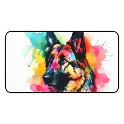 "Playful German Shepherd desk mat adds whimsy to workspace for dog lovers"