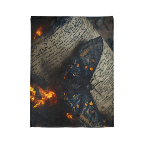 Lava Moth Resting on Burning Scroll — Plush Fleece Throw Blanket — Product Detail View 10