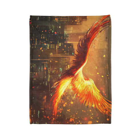 Digital Phoenix in Urban Skyline Plush Fleece Throw Blanket