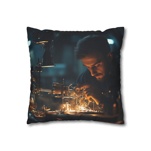 Watchmaker Assembling Time with Light (Edition II) — 40×40 Cushion Cover — Double-Sided Back & Concealed Zip Detail