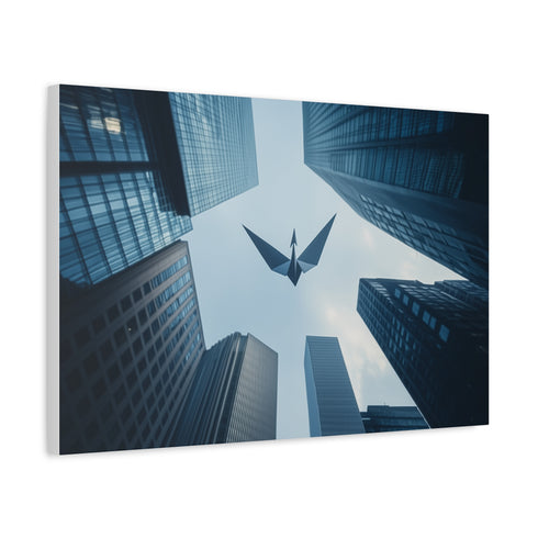 Paper Crane Soaring Above Skyscrapers (Edition II) — Canvas Wall Art — Side Profile & Stretched Corner Detail